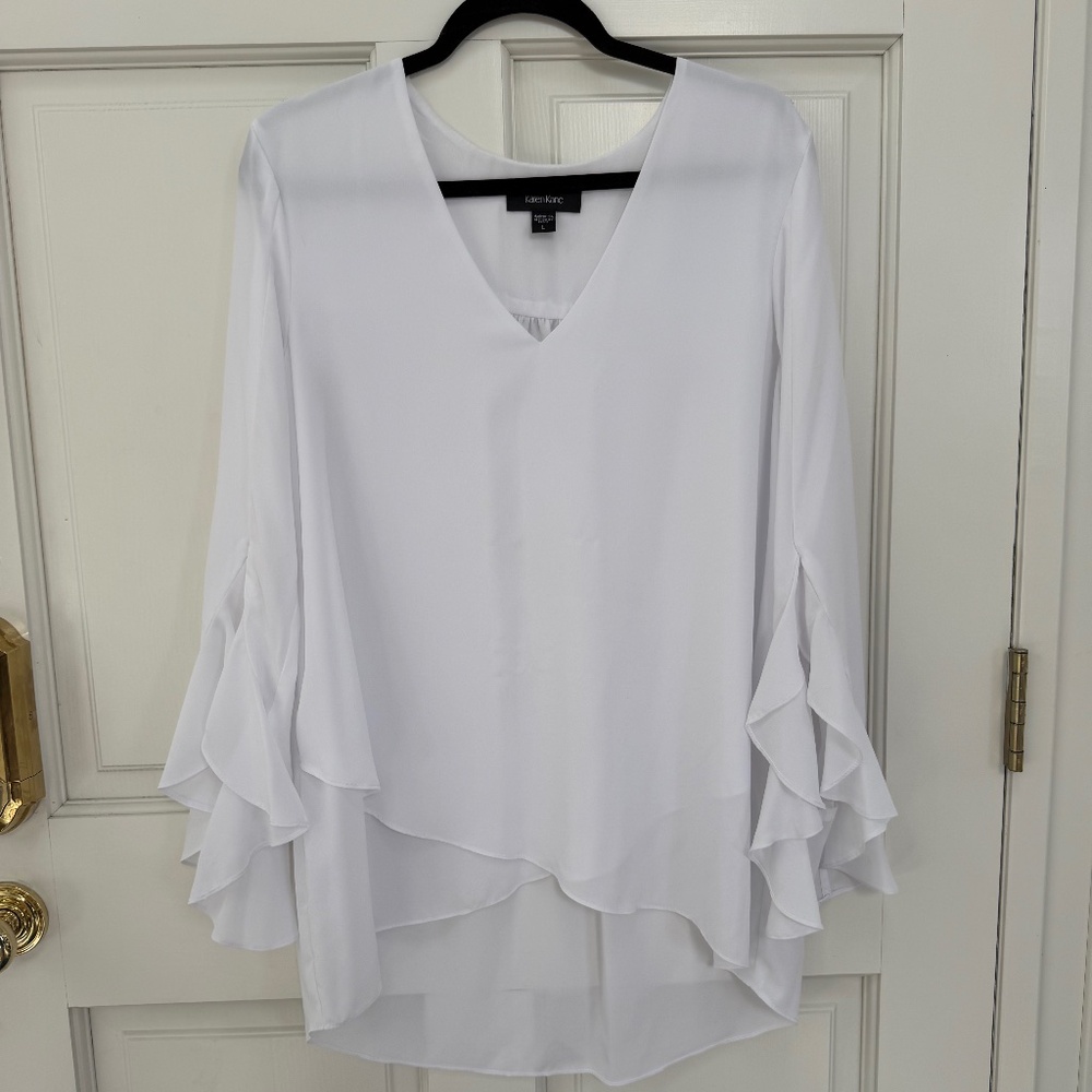 KAREN KANE, White tunic top, flowy bell sleeves, crossover faux front, Size L